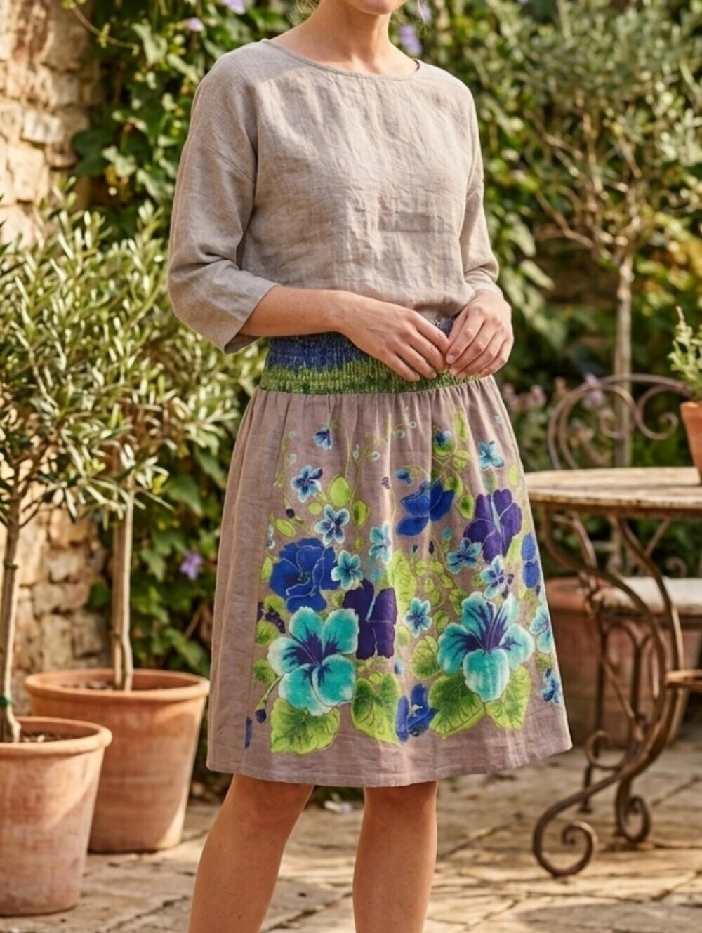 Free People Taupe A-Line Skirt with Blue & Green Floral Embroidery